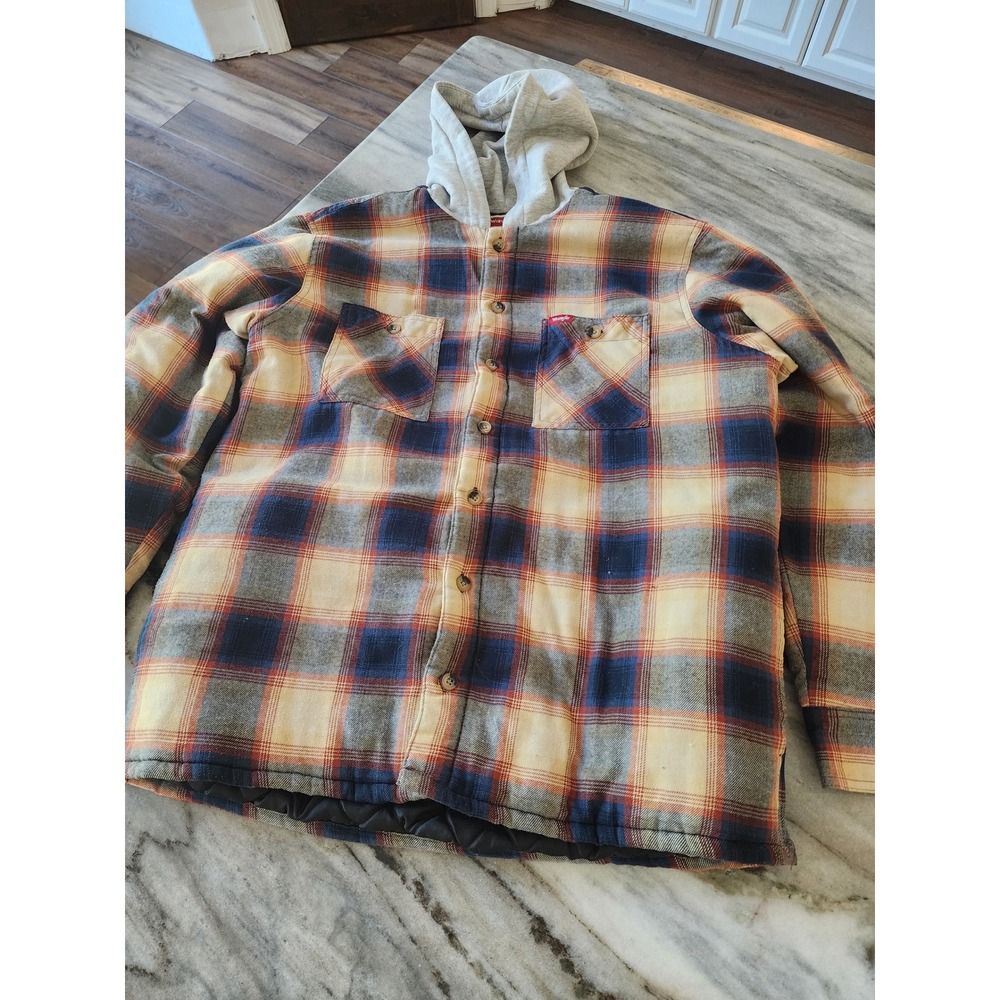 Wrangler Mens Plaid Quilted Lined Hooded Flannel Shirt Jacket Large Worked In